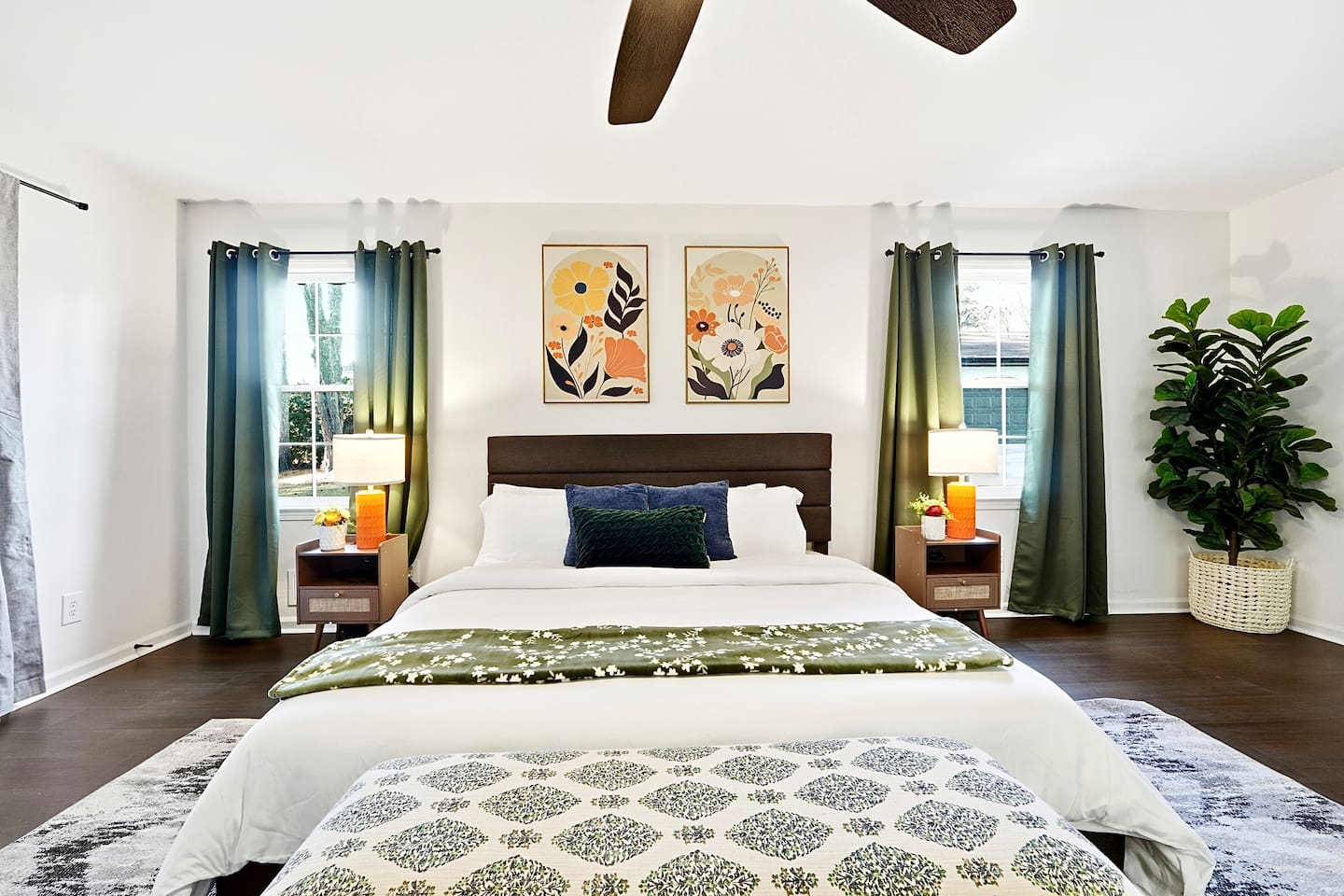 Spacious first-floor master bedroom located to the far right as you enter through the front door. This earthy, calming retreat features a king bed and smart TV. This room includes 2 full-body towels, 2 washcloths, and 2 hand towels for your stay.