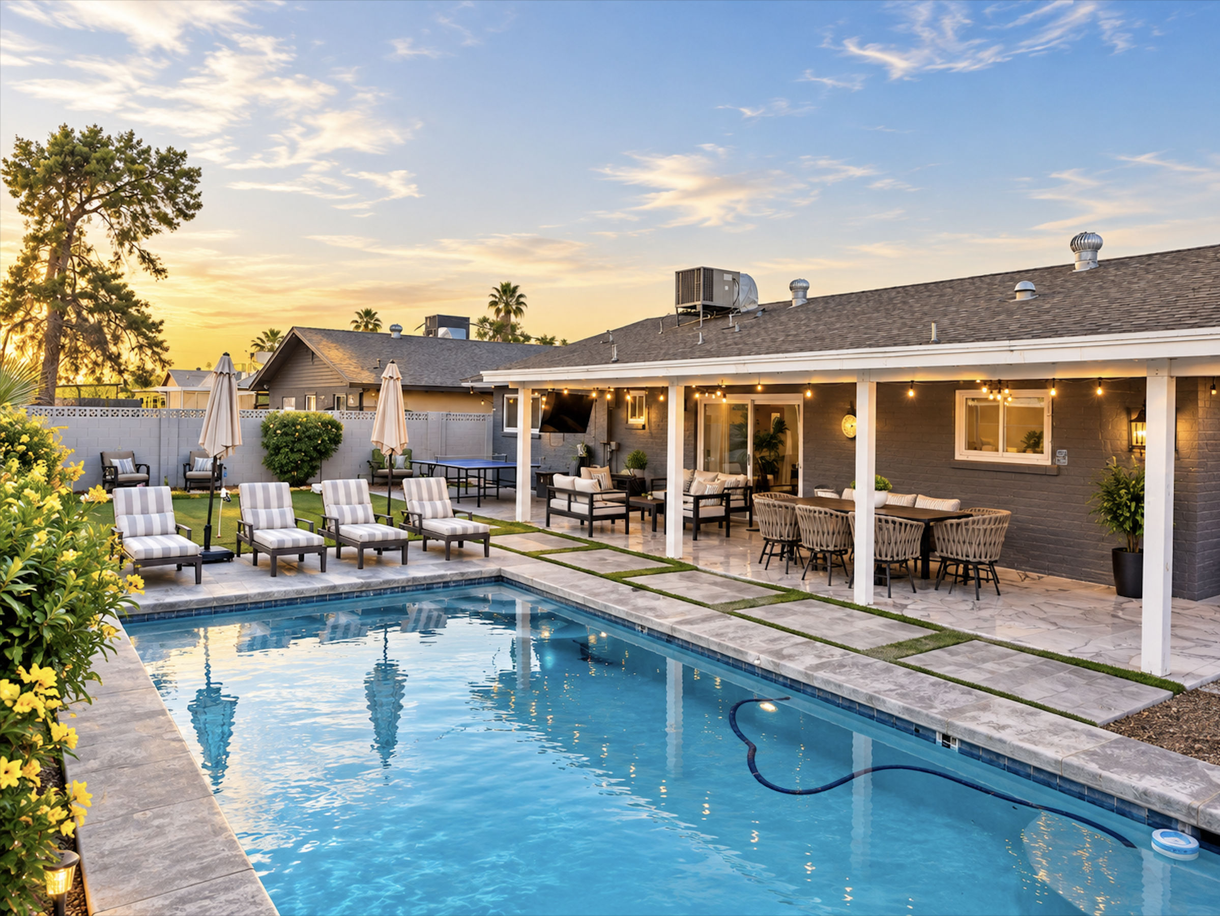 Unwind and relax in the pool with the sun setting by it