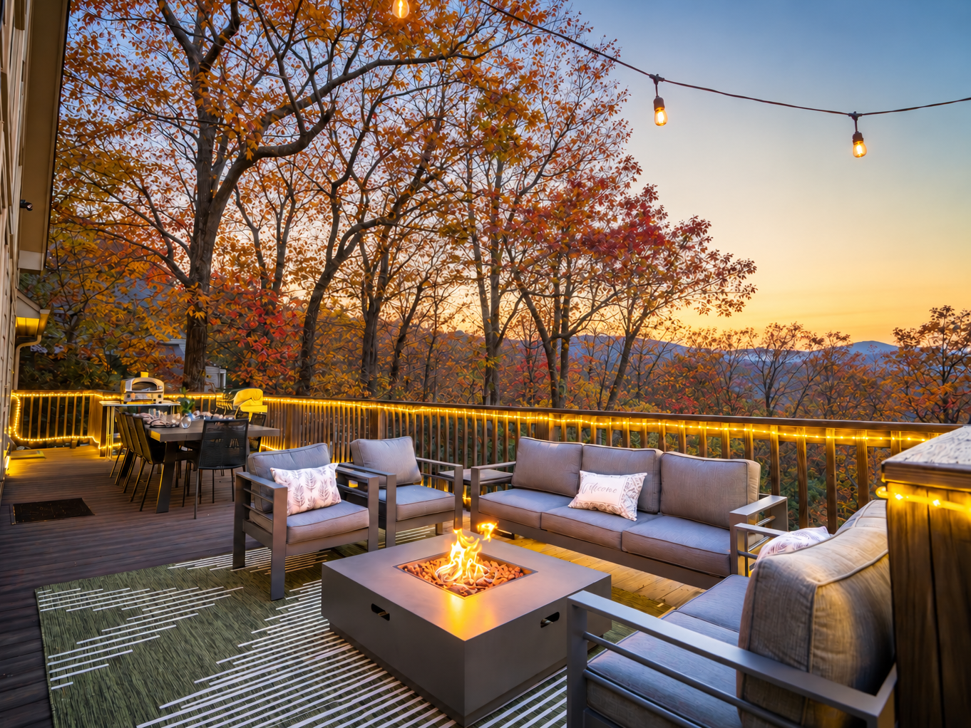 Relax by the fire or dine among the treetops with seasonal Blue Ridge mountain views.