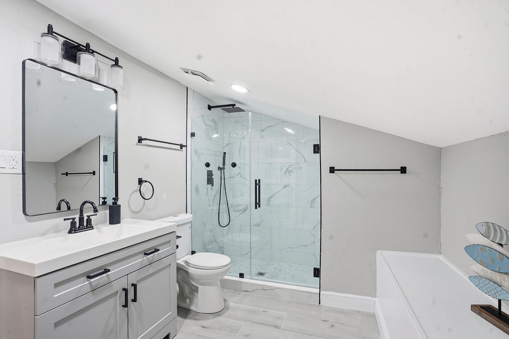 Bathroom four is on the second floor conveniently located outside bedroom two and below the bunk room.