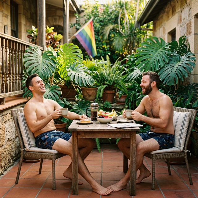 Two men enjoying morning coffee on a sun-drenched private patio