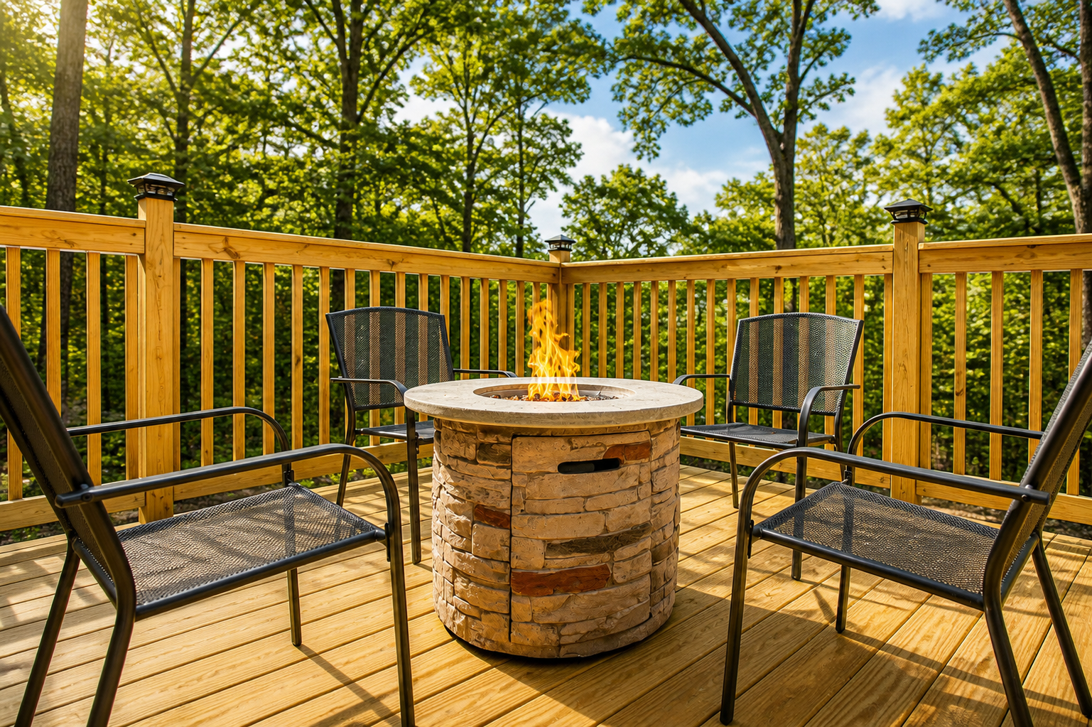Gather by the fire with trees all around you