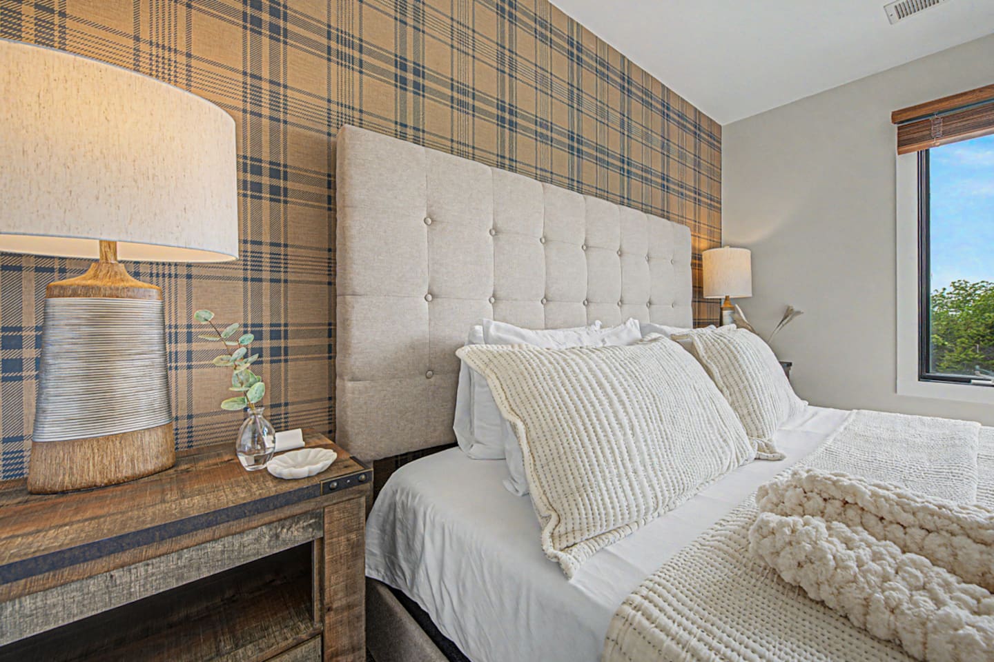 Hotel beds in every room. Layered and heavy, the kind you don't want to get out of.
