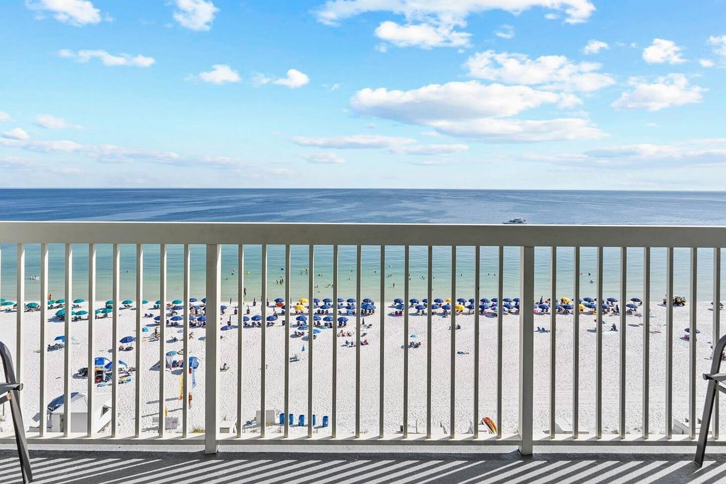 Unit 1006 Fresh Coastal living room with Gulf of Mexico view Pelican Beach Resort