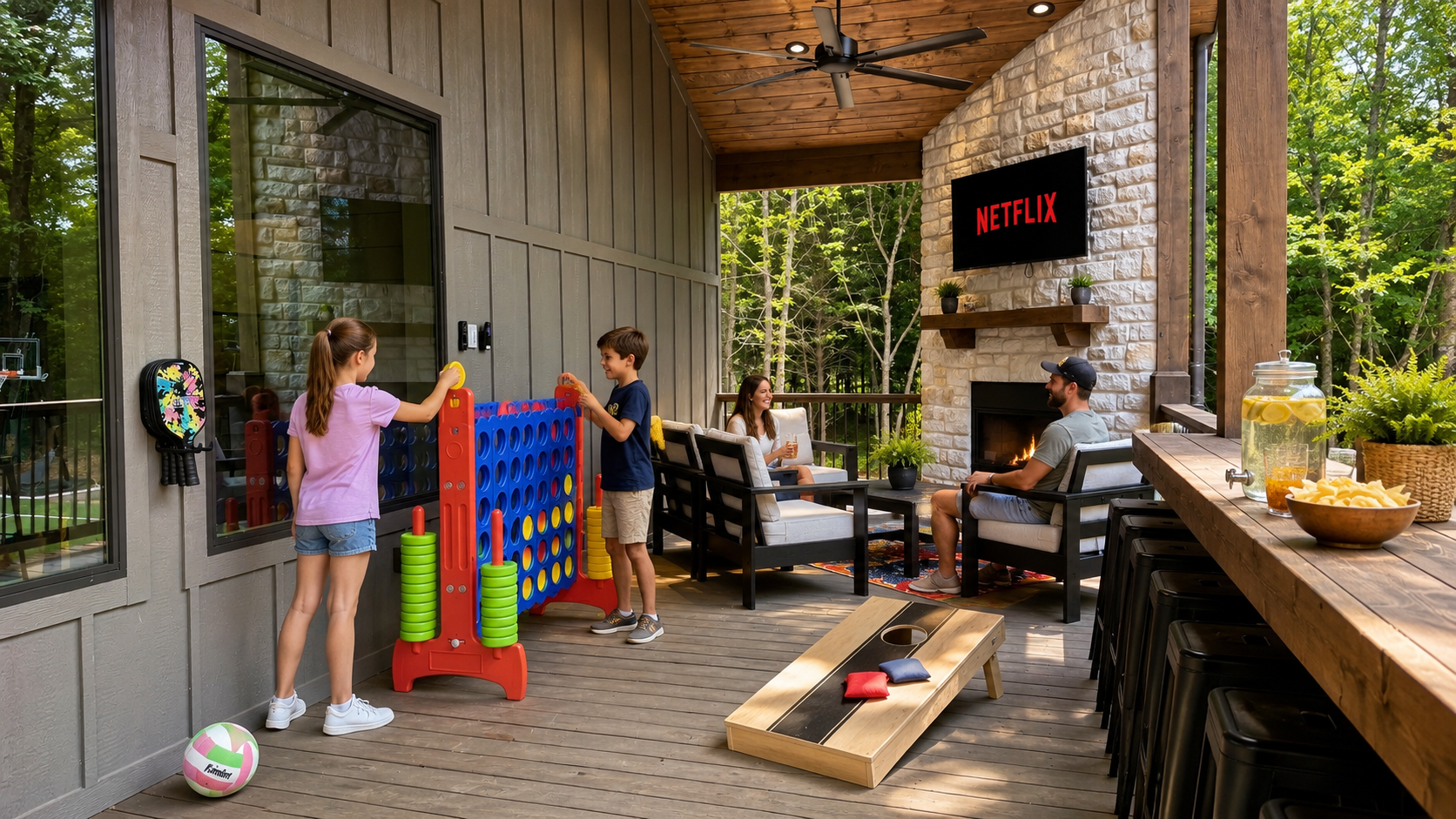 Outdoor Entertainment Area: Enjoy games, Netflix, and cozy chats beside the fire!