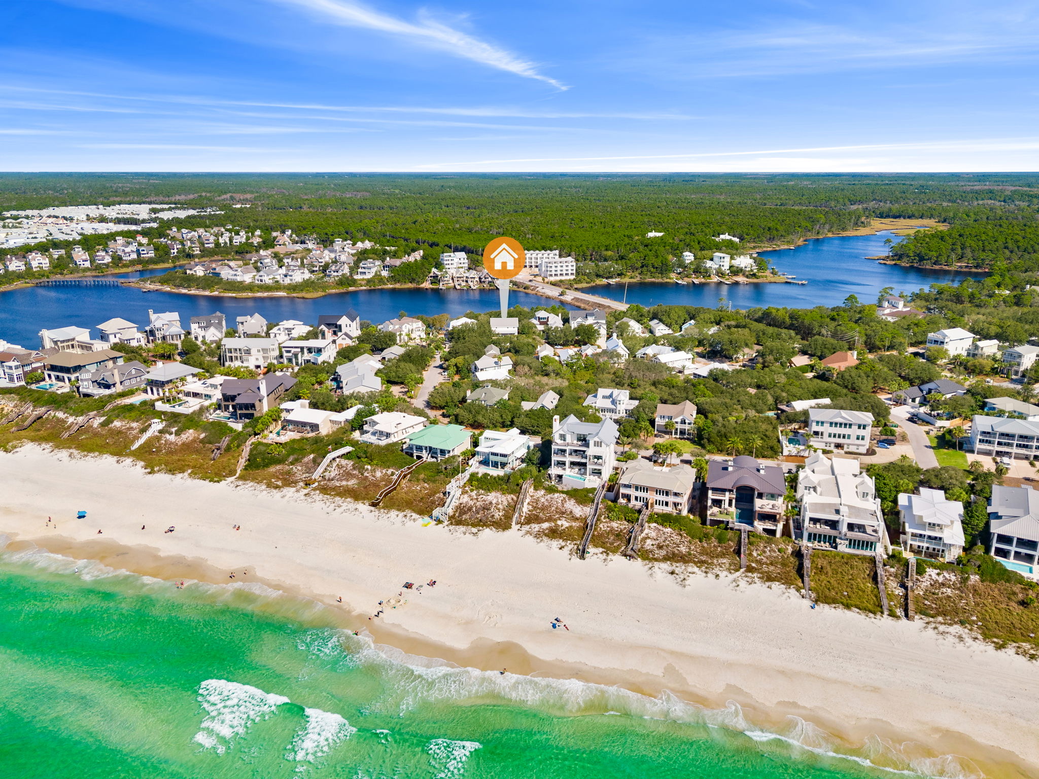 A bird's-eye view of your private lakeside escape and lush surroundings.