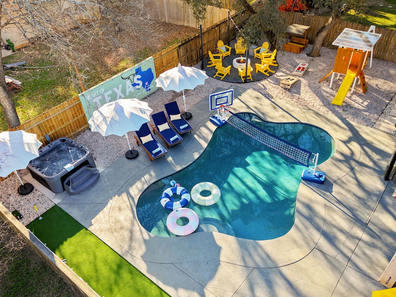 Your private backyard paradise   
From soaking in the hot tub, diving into pool volleyball, to roasting marshmallows by the fire pit—this spot has it all. 