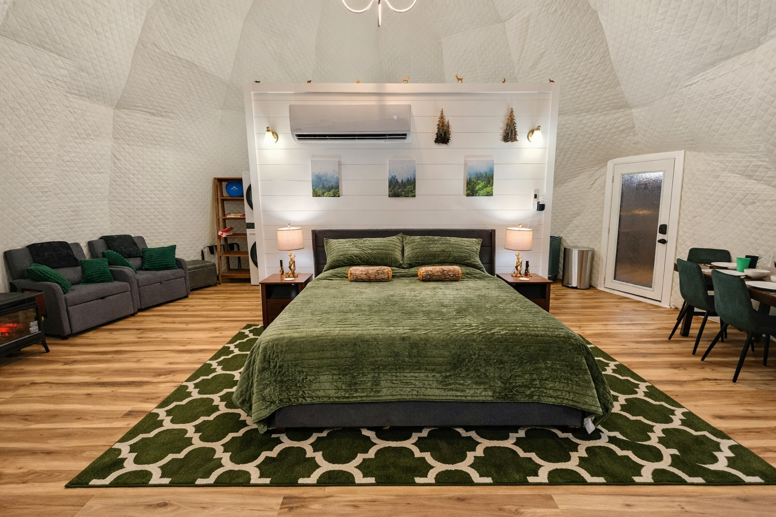 A plush bed, wrapped in calm and woodland tones