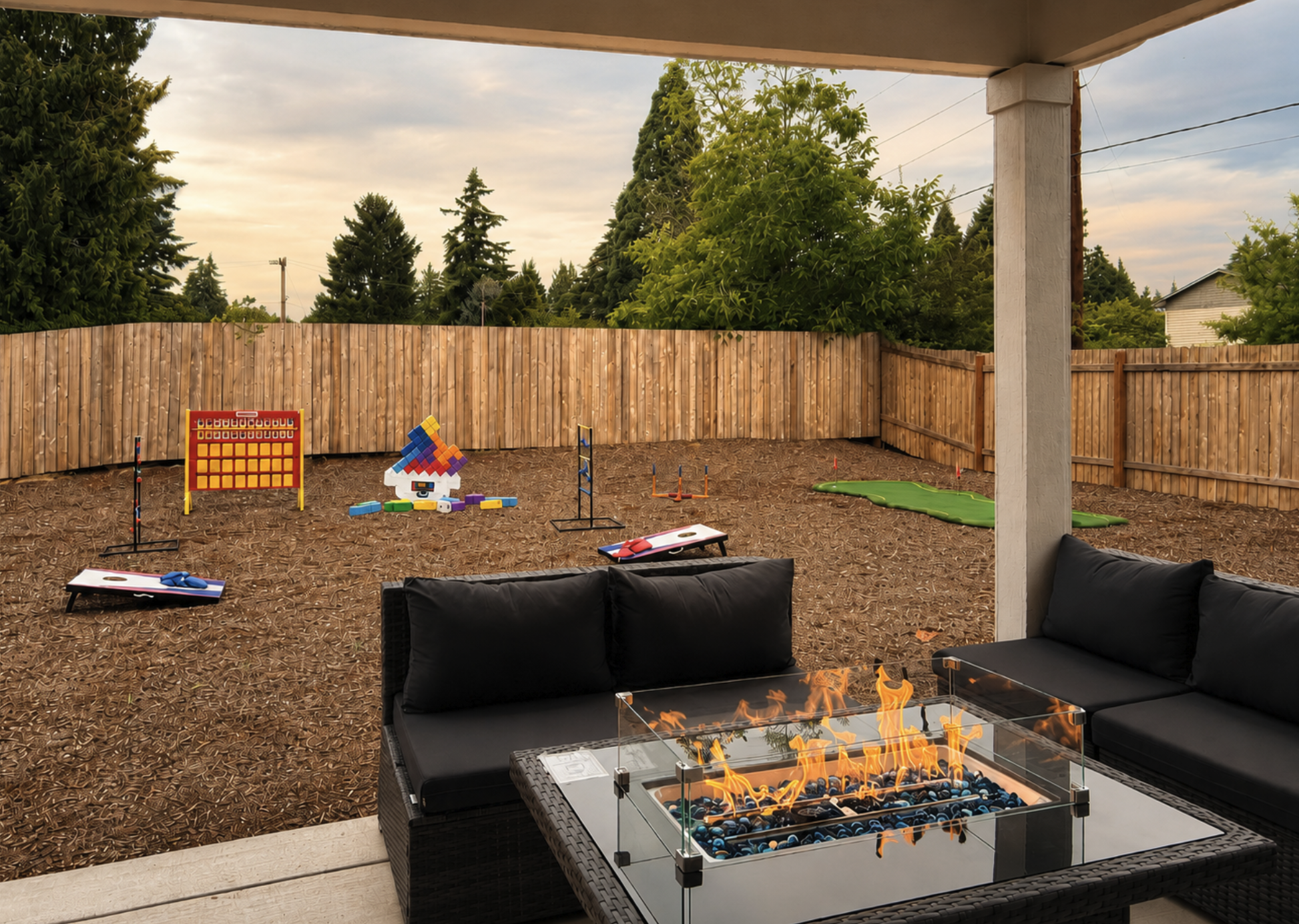 Gather around the fire table — your outdoor paradise awaits every night. Game on, and make memories together!