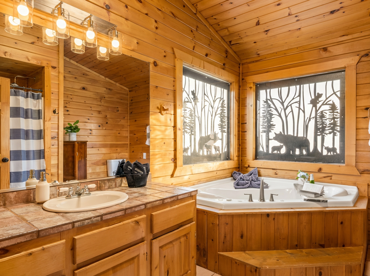 Primary ensuite with soaking jetted tub and separate stand up shower.
