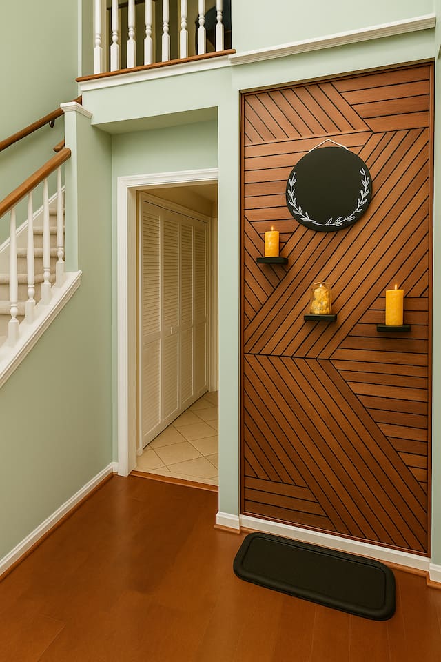 Vertical shiplap wall with a stylish mirror adds architectural detail and depth to the home’s interior. 