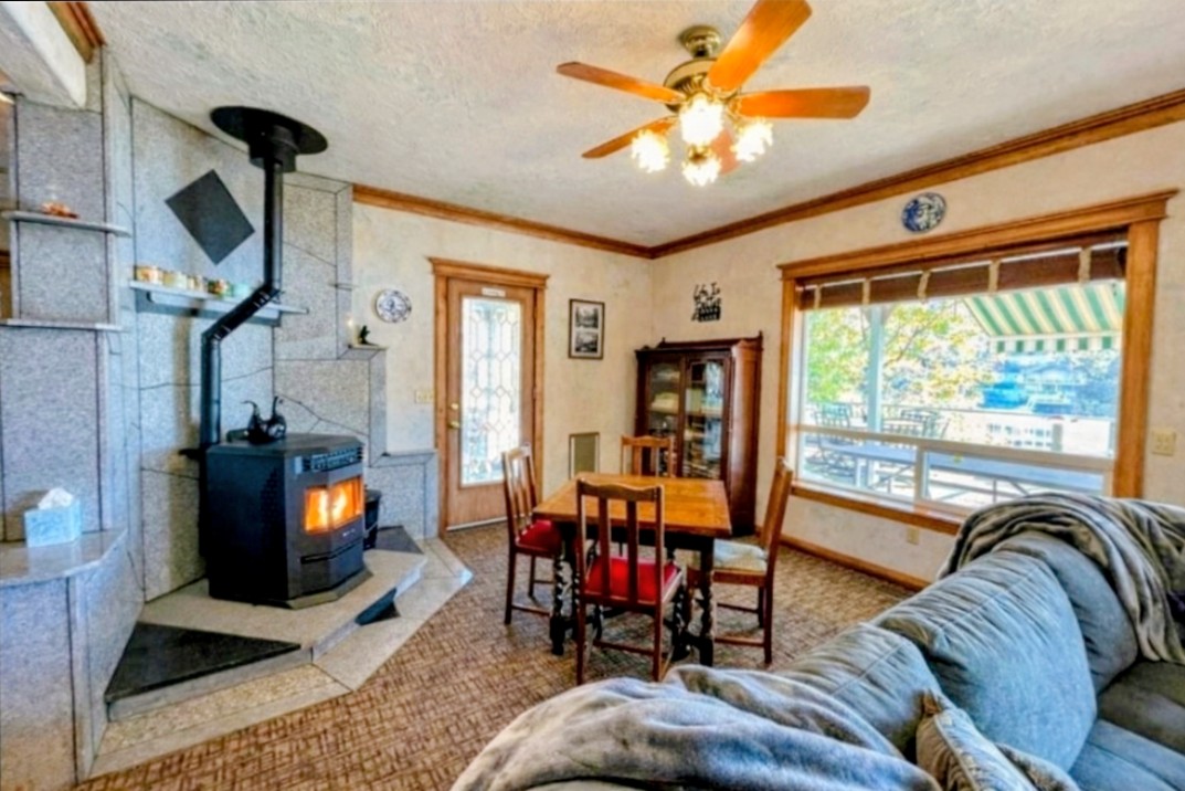 Small table in living room by fireplace