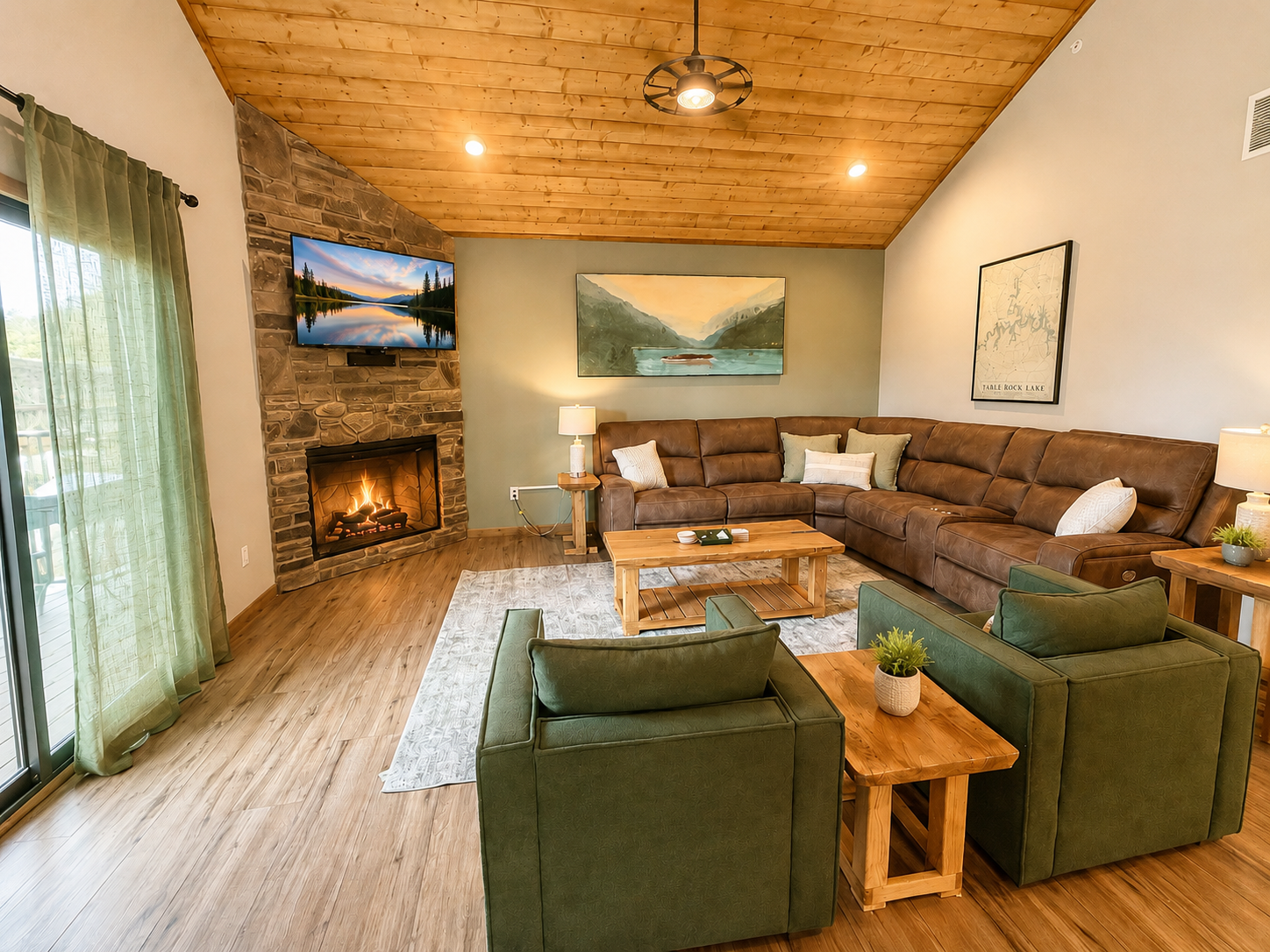 Cozy living room with reclining sofa and two swivel chairs 