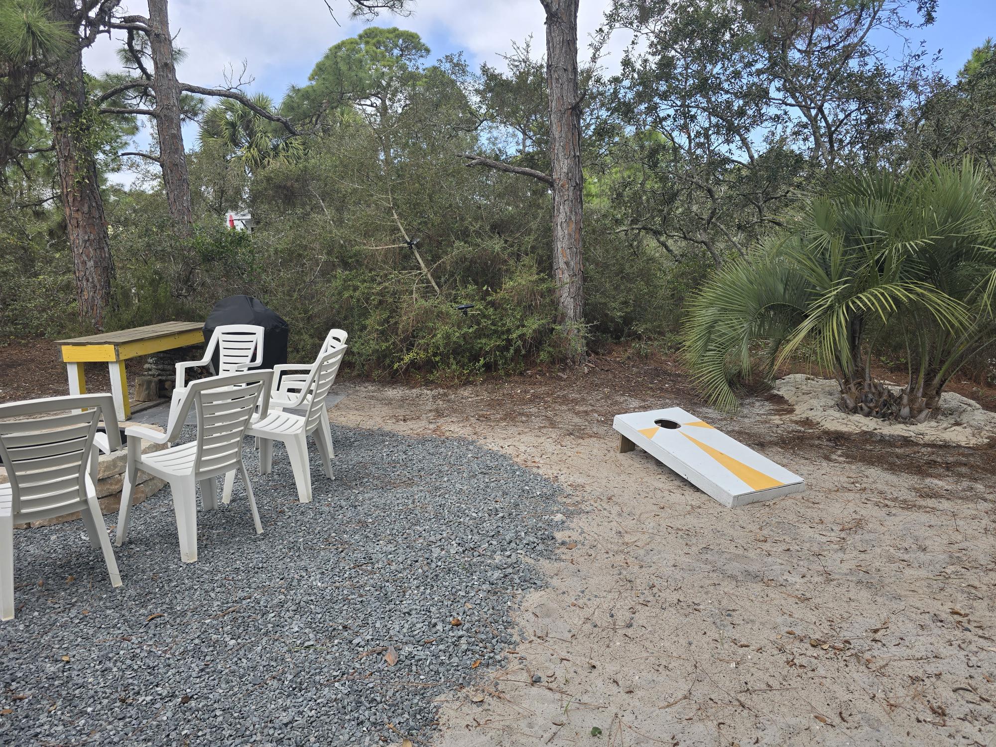 Corn hole, fire pit, grill and a landscaped yard