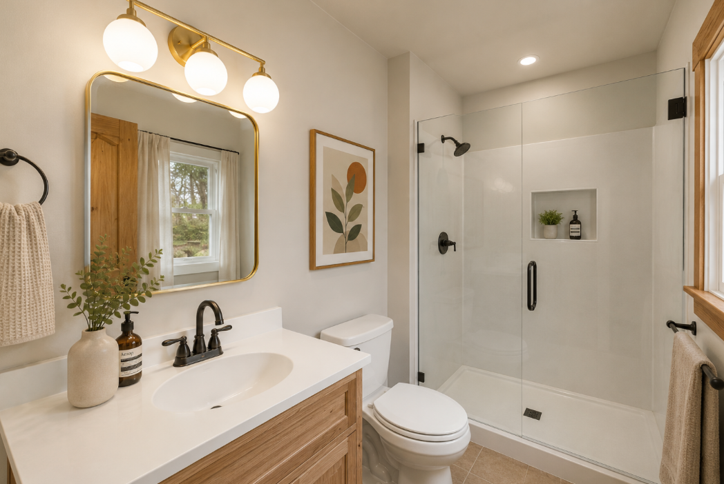 {Ensuite Bathroom 1} Bright and beautifully appointed, this private ensuite offers a spacious walk-in shower and modern finishes for a refreshing start to every day.