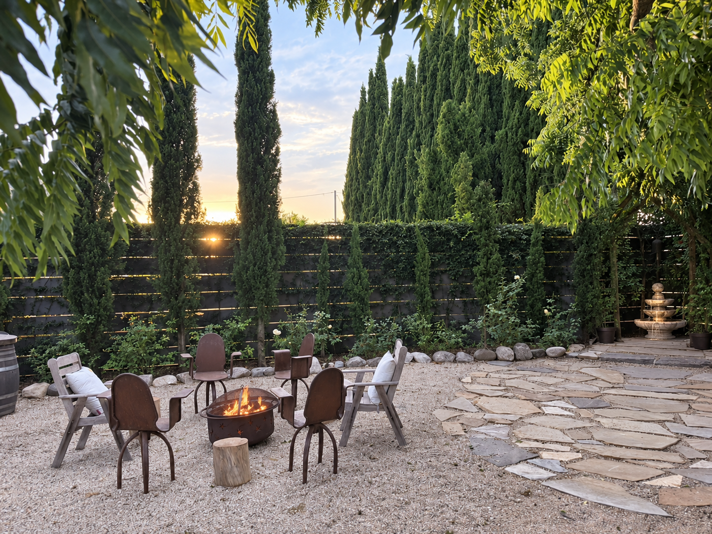 Gather around the firepit beneath the trees, listen to the tiered fountain and settle in with your favorite people. With lots of seating and room to mingle, the courtyard was made for wine-country evenings and approved celebrations.