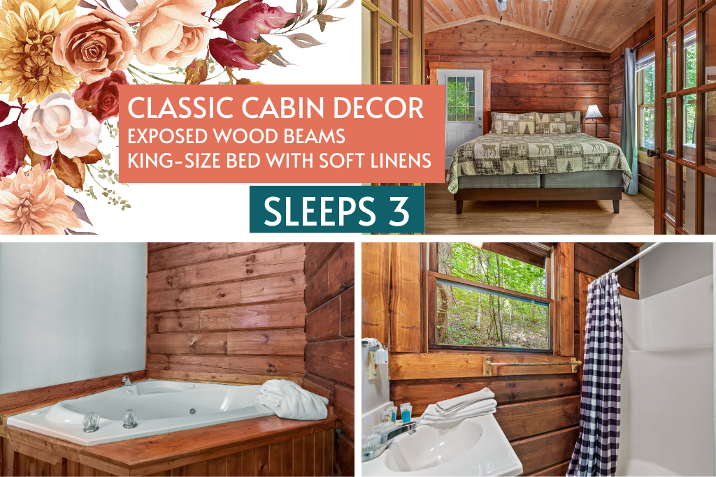 Classic cabin vibes with exposed beams, comfy bedding, and cozy corners.