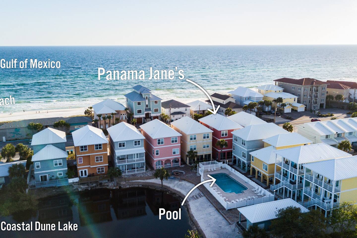 Drone view of Riviera Beach Villas, Panama Joe's is the last one on the left (gray).