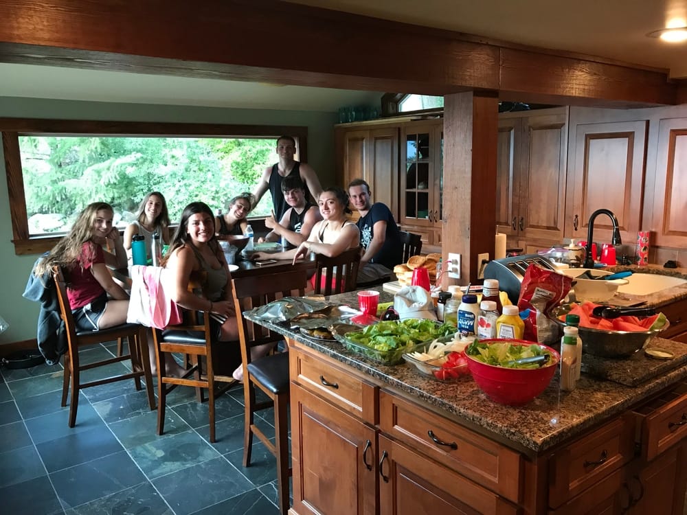 Family gathered in the lodge kitchen