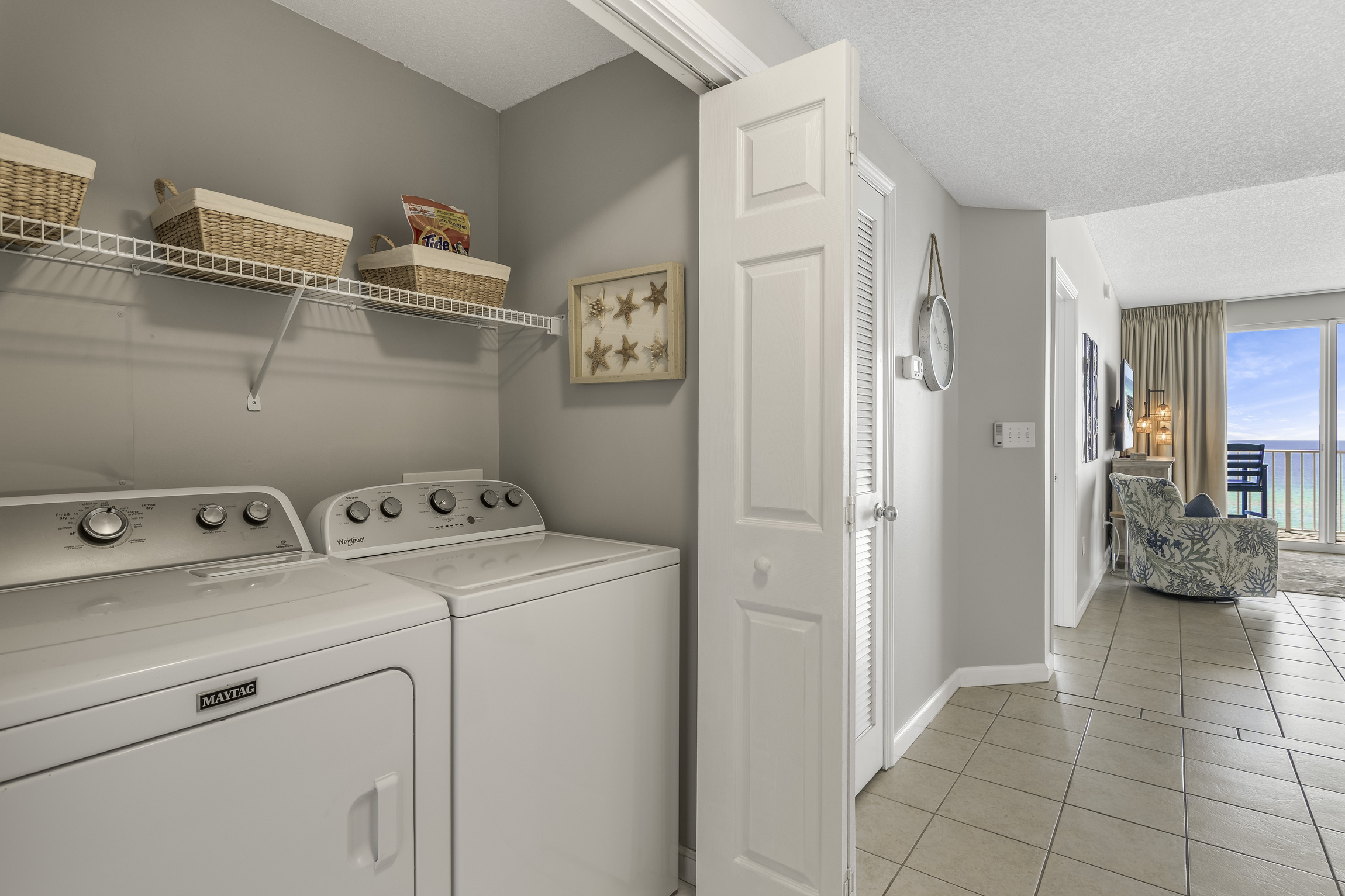 Full-size washer and dryer with plenty of laundry supplies for your stay.