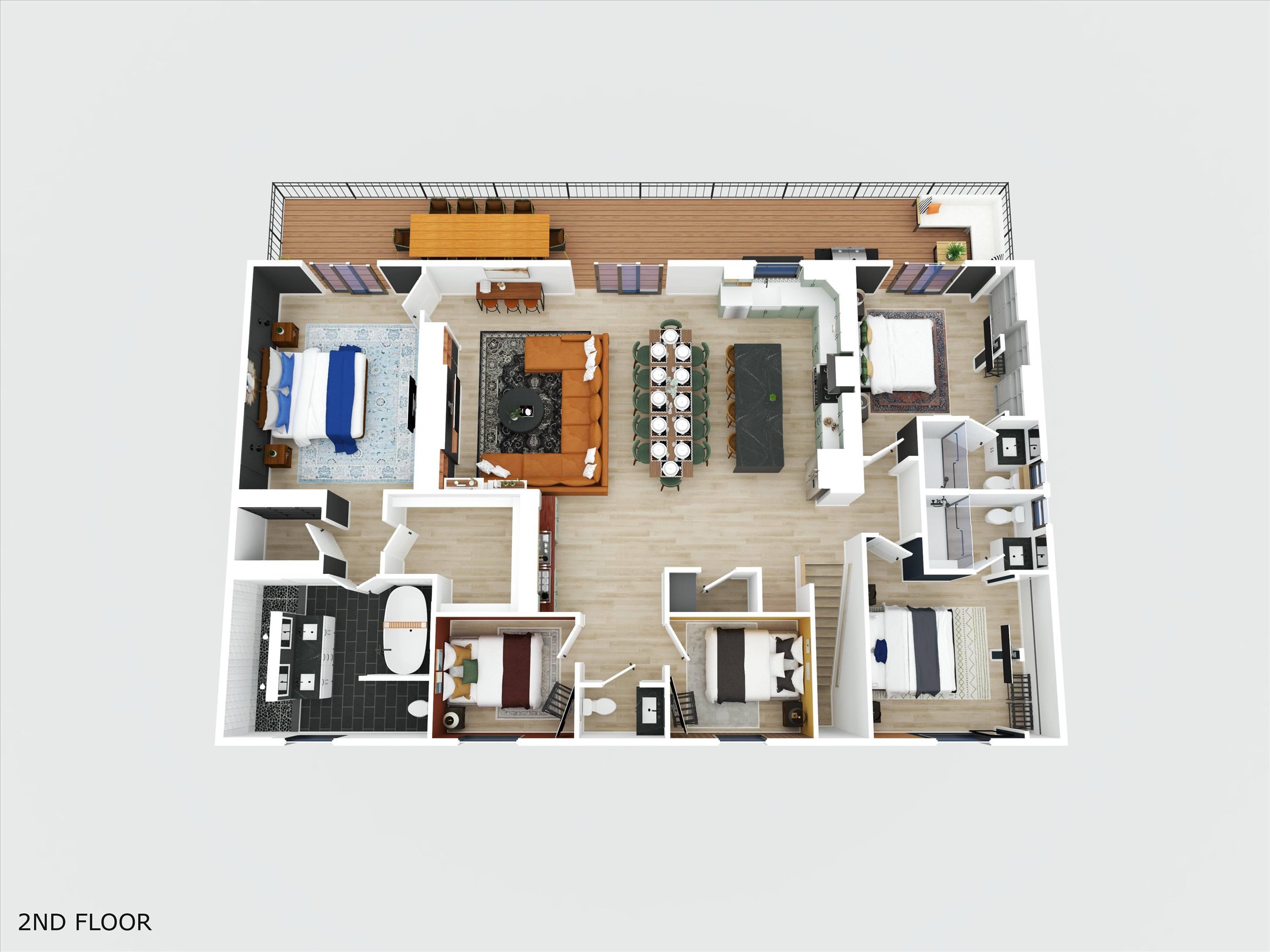 {Upper Level}
Spacious upper level with open-concept kitchen, dining, and living areas, plus five additional private bedrooms — designed for both gathering and retreat.