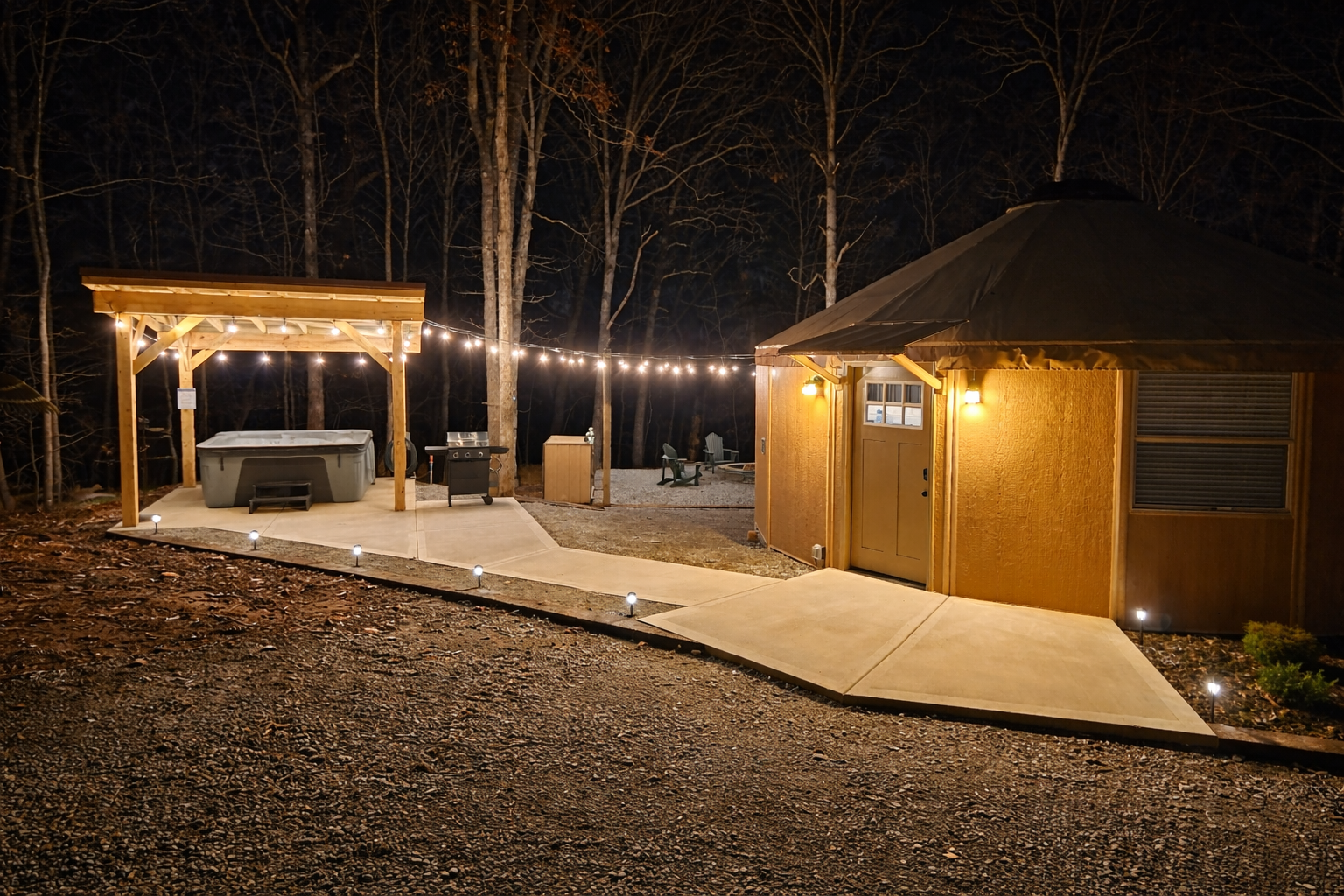Relax under the stars at Eagle Retreat with a private covered hot tub, string-lit patio, gas grill, and forest seating area—your own peaceful outdoor oasis at Warners Paradise