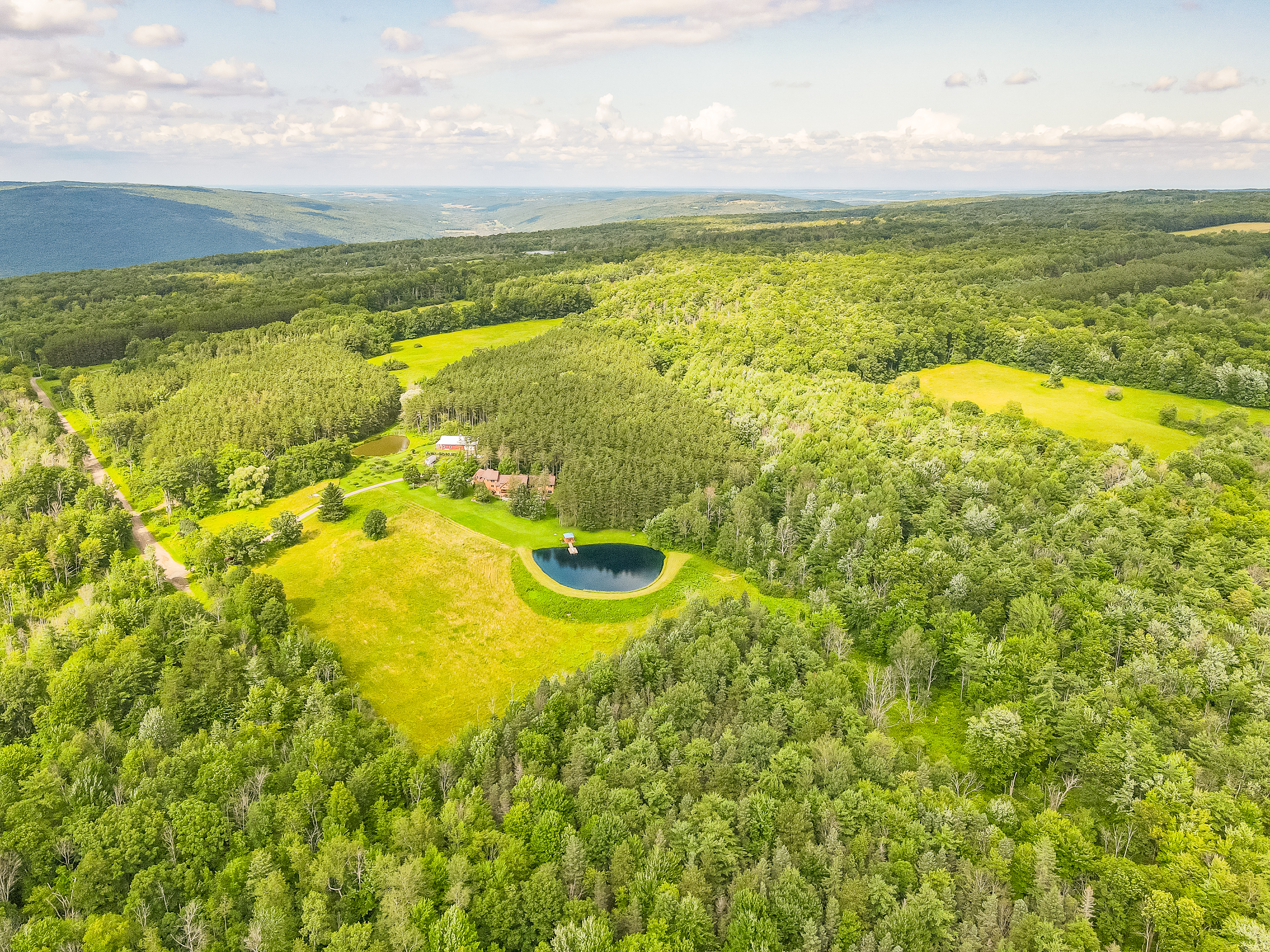 Escape to a private countryside retreat featuring a sparkling pond with dock, rolling meadows, and endless forest views—perfect for relaxation and outdoor adventures.