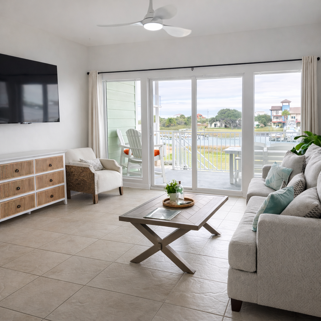 Sun-filled waterfront living space with private balcony