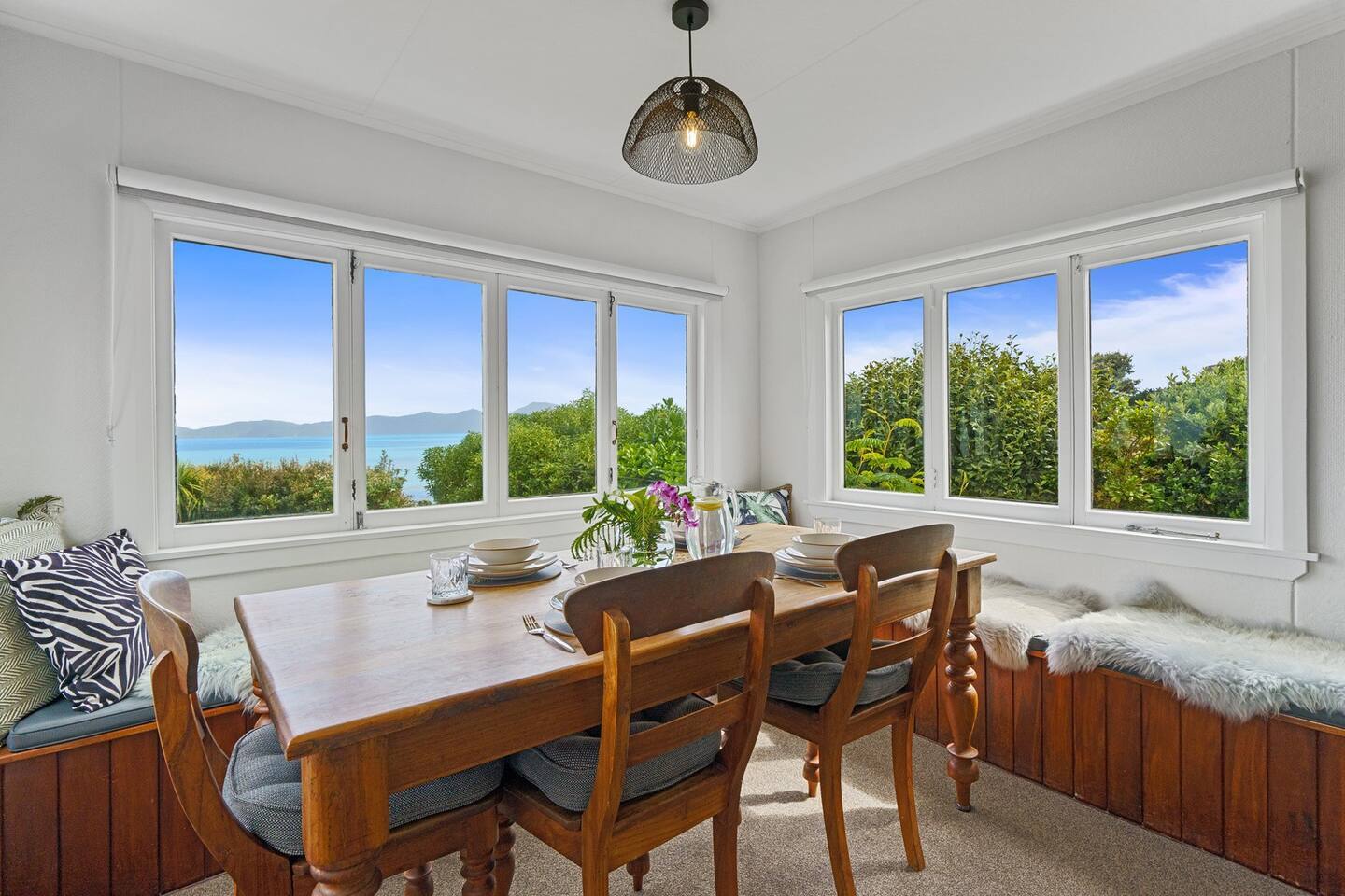 Dining area with window seats.