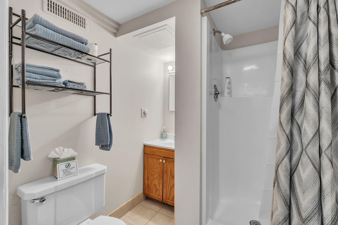 Fully Stocked bathroom. Walk in Shower. Basics included. Soft Towels. 