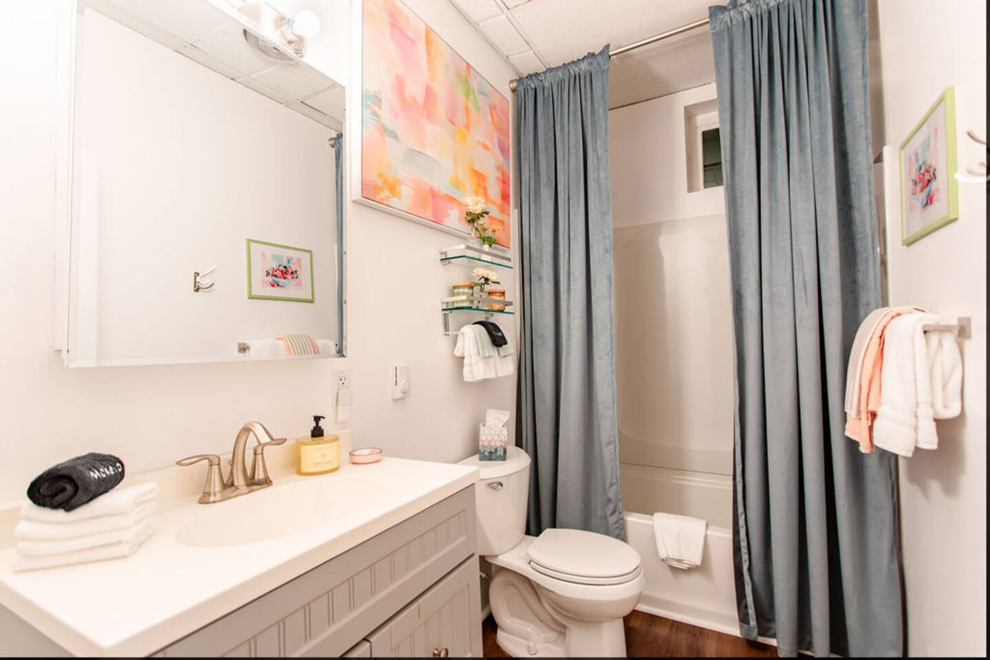 Inviting bathroom with warm touches -- just like home.