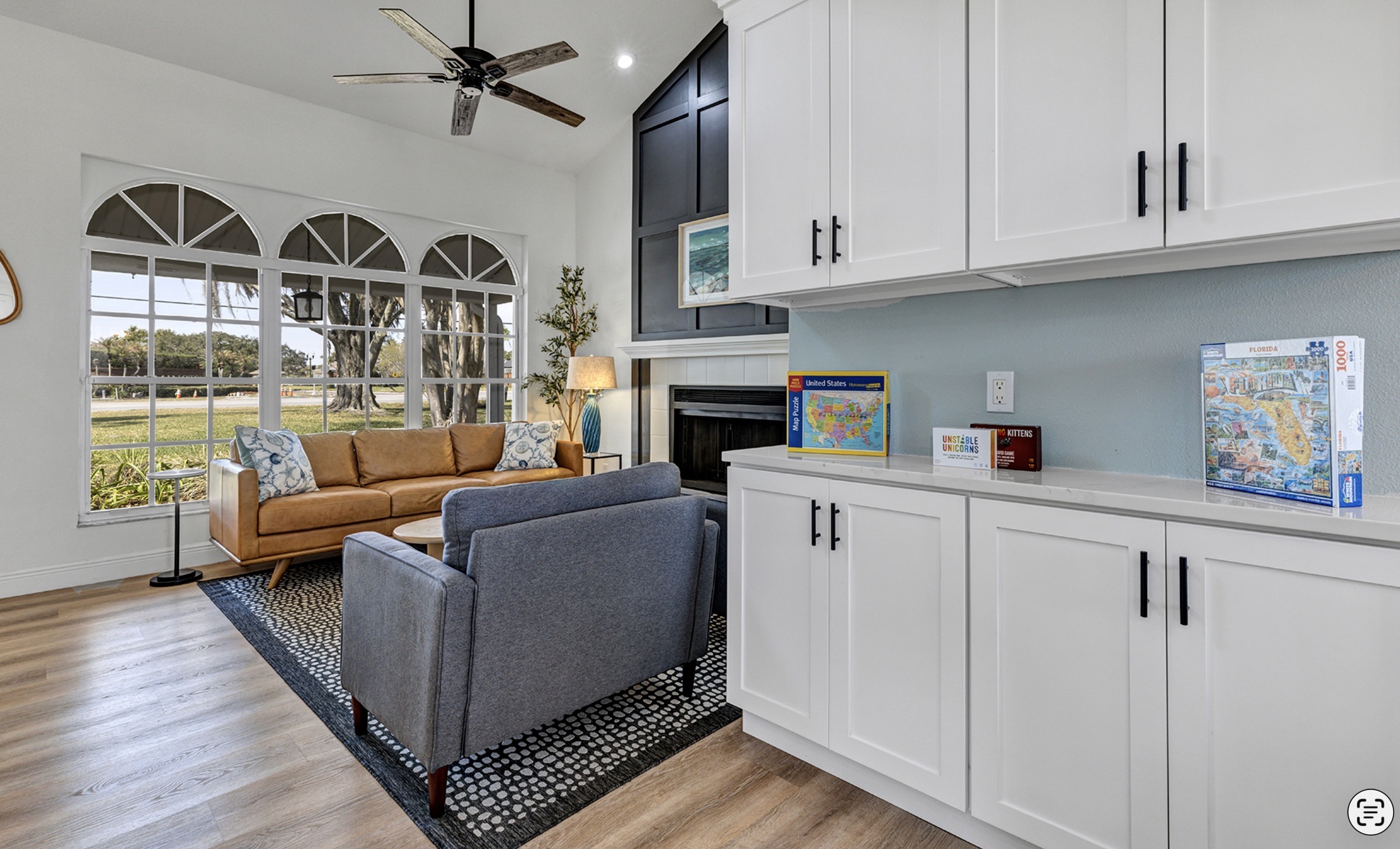 Board games and puzzles stocked in cabinets