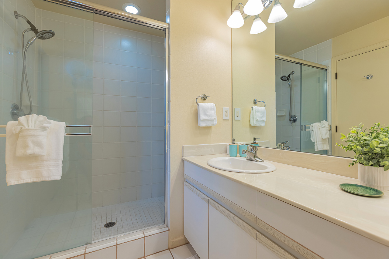 Large walk-in shower with tiled seat