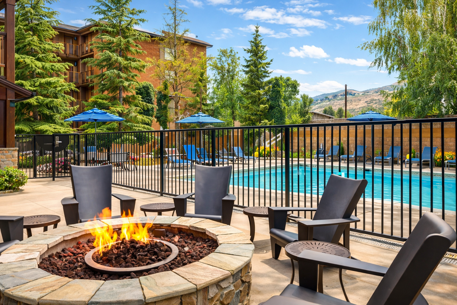 Communal fire table and outdoor swimming pool
