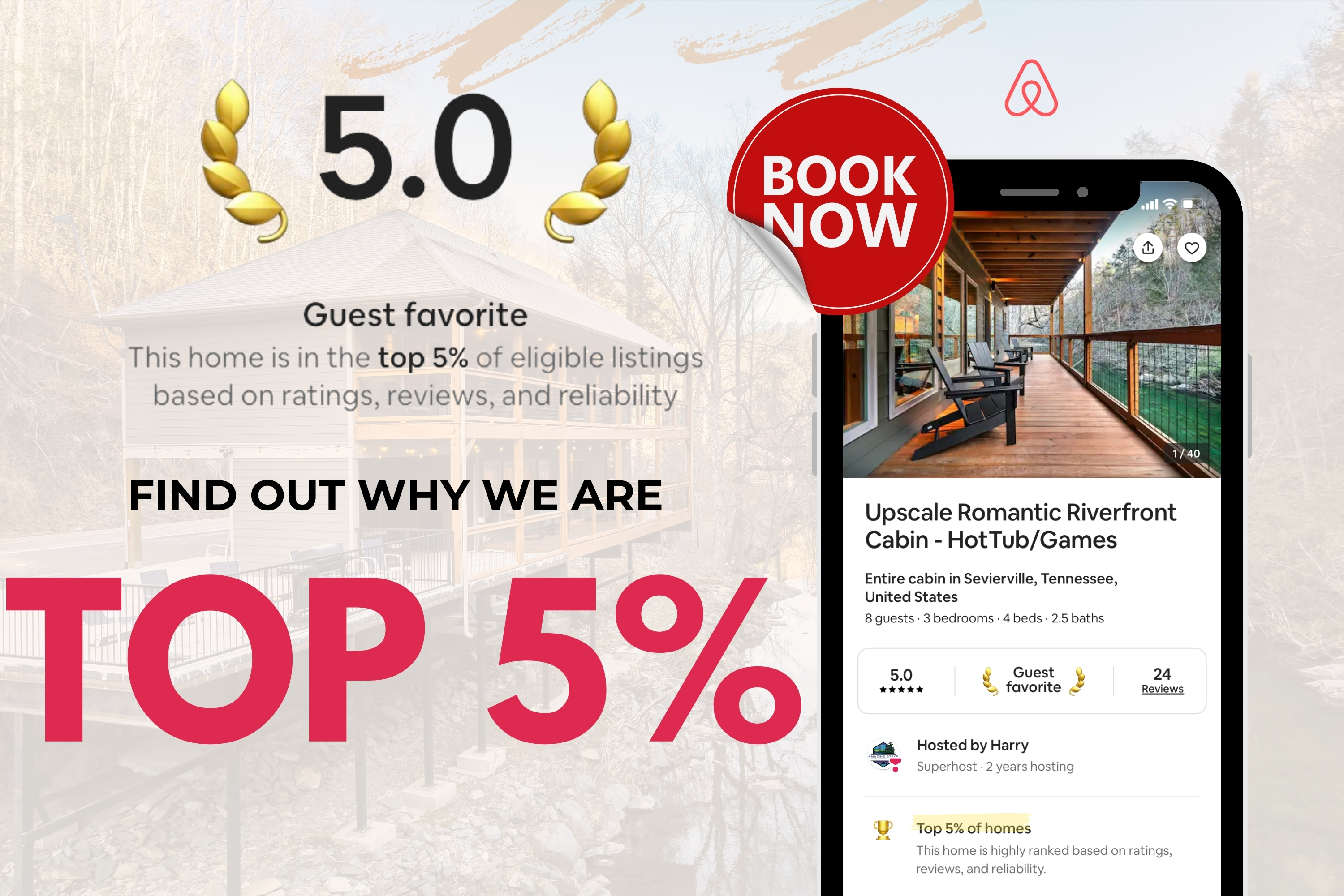 Book us to experience a ONE-OF-A-KIND stay in the Smokies. Our cabin is right by the Little Pigeon River where you can hear the water sound right below you. We're the TOP 5% in the area for a reason 😊!