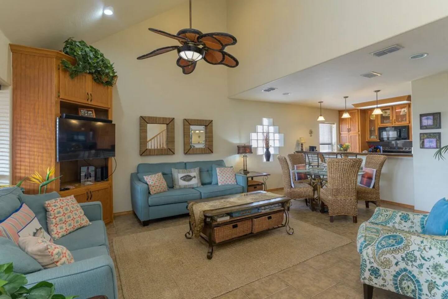 Relax in the open concept living space with entertainment ranging from all your standard electronics (Smart TV with Spectrum TV,  BluRay, device charging station, and stereo system) to classic board/card games and puzzles!