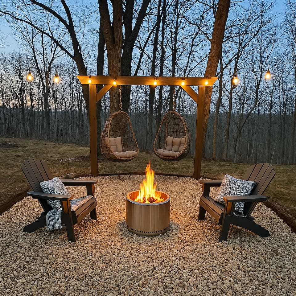 Golden hour perfection: egg chair swings and fireside stories under a glow of string lights