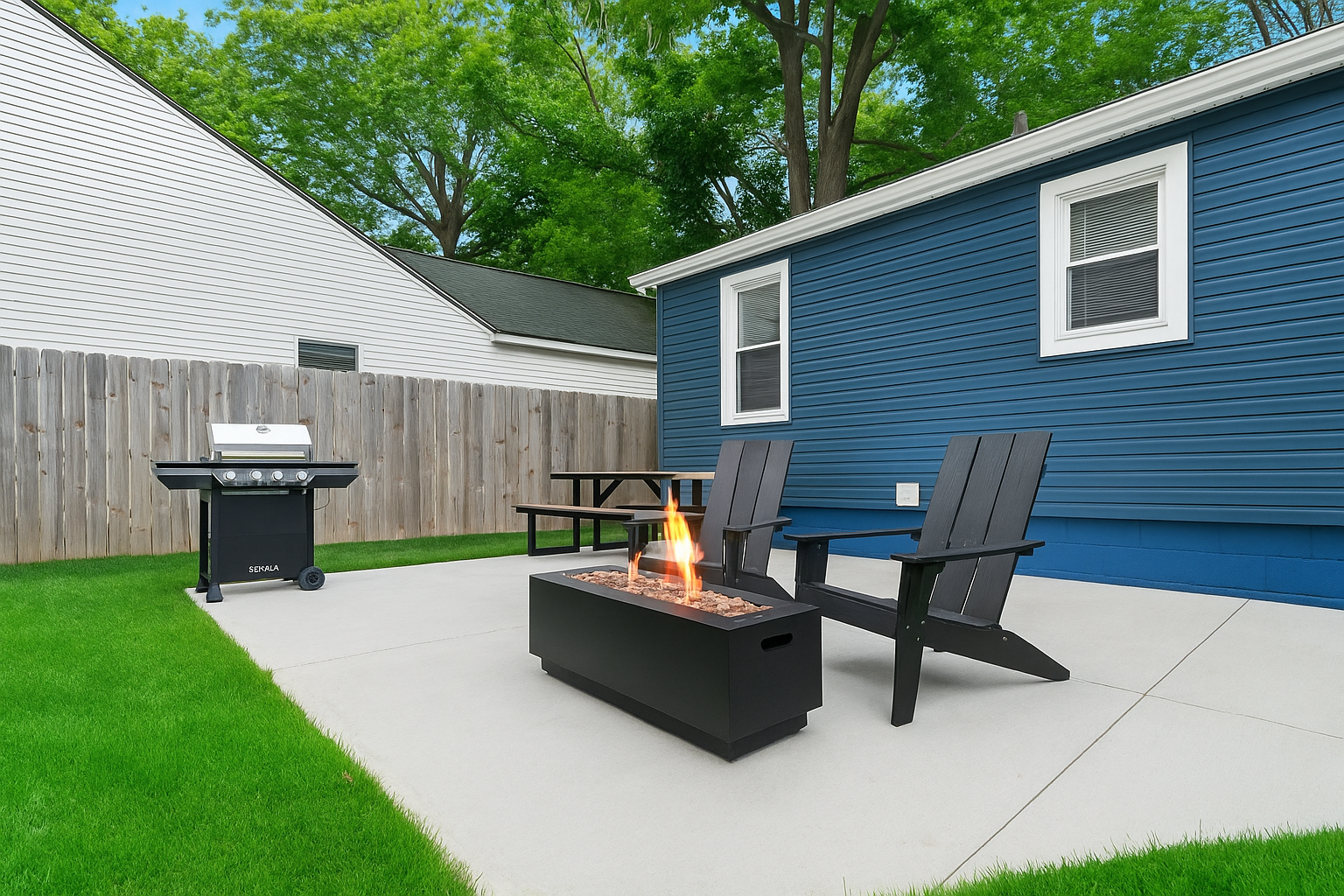 Fenced backyard with yard games, fire pit seating, and space to relax or play—great for families and friends alike.