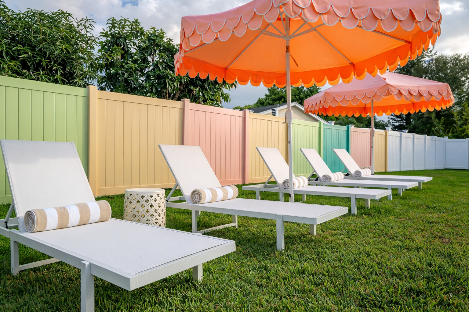 A sun-drenched Palm Beach oasis—brand-new heated saltwater pool with chic in-pool loungers, plush sunbeds, and iconic peach umbrellas, all set within a private, resort-style backyard made for long, lazy afternoons.