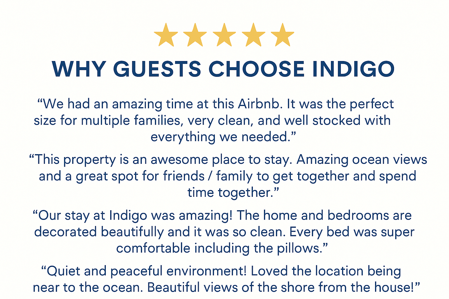{5 Star Reviews} ✨ “Pristinely clean and the perfect retreat.” With 120+ 5-star reviews on all platforms, Indigo speaks for itself.