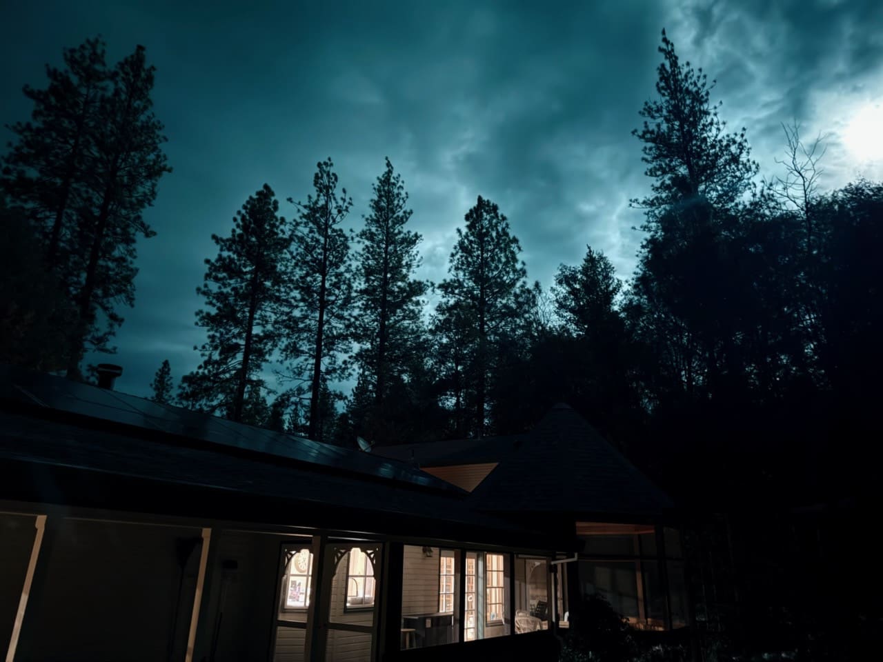 Cabin at night with tall trees, glowing windows, and a quiet wooded setting.
