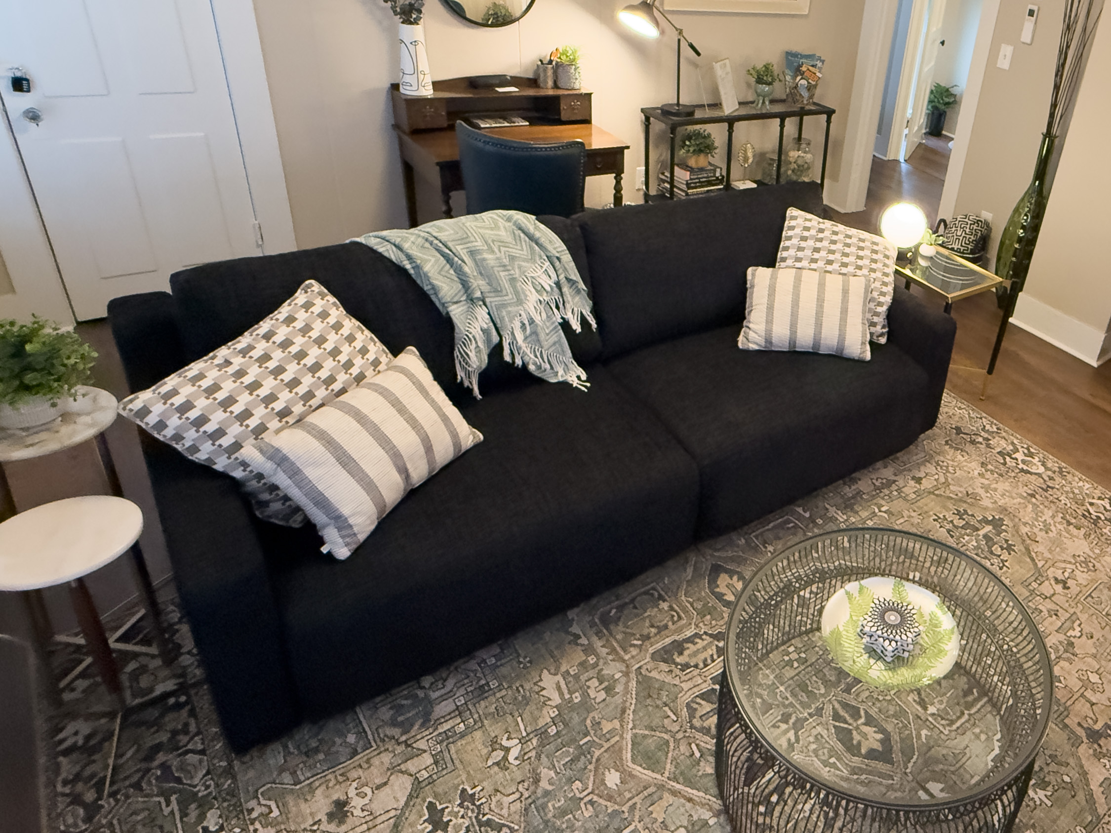 Comfy couch converts to a queen size bed.