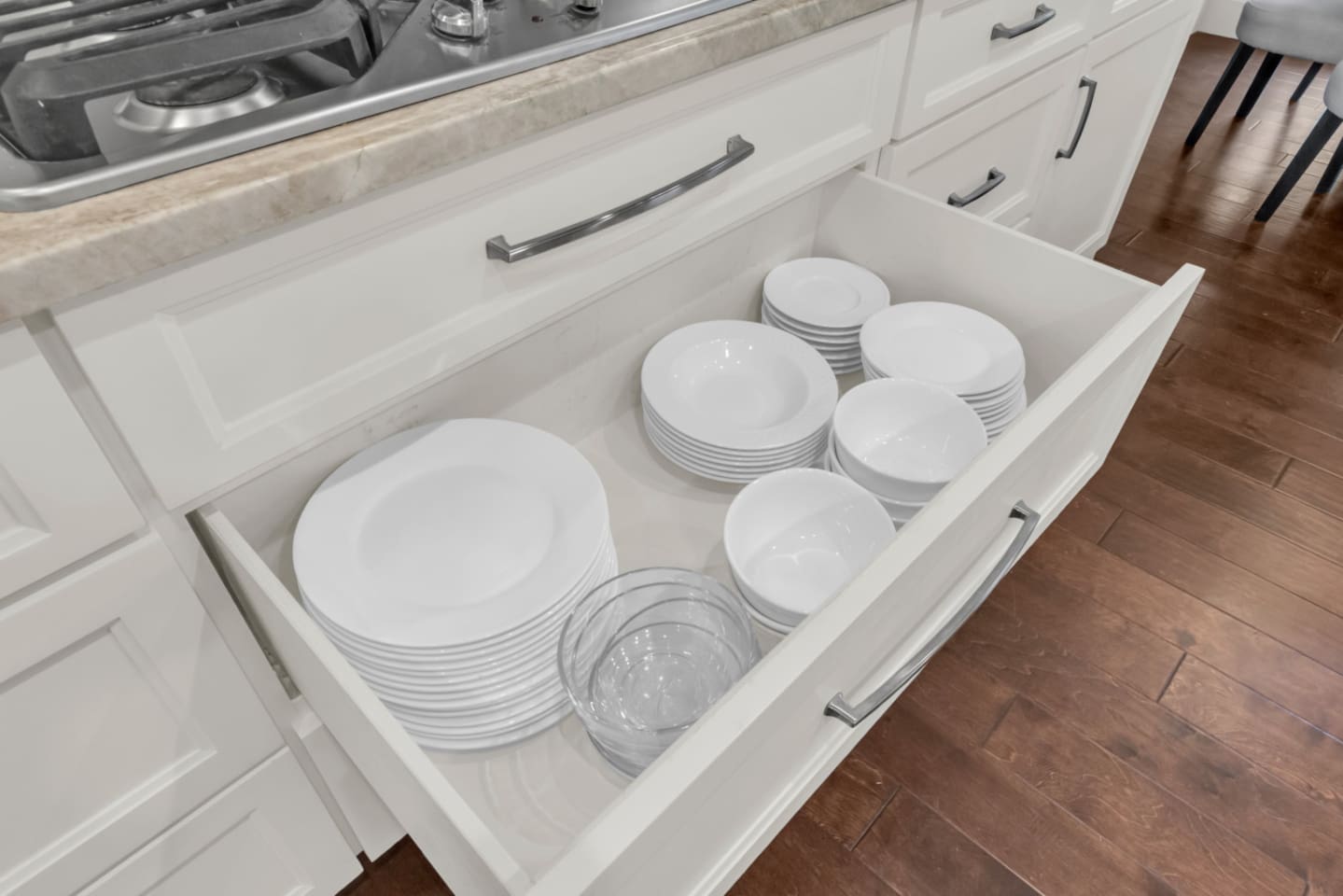 Fully stocked dishware, providing everything needed for everyday meals and group dining.