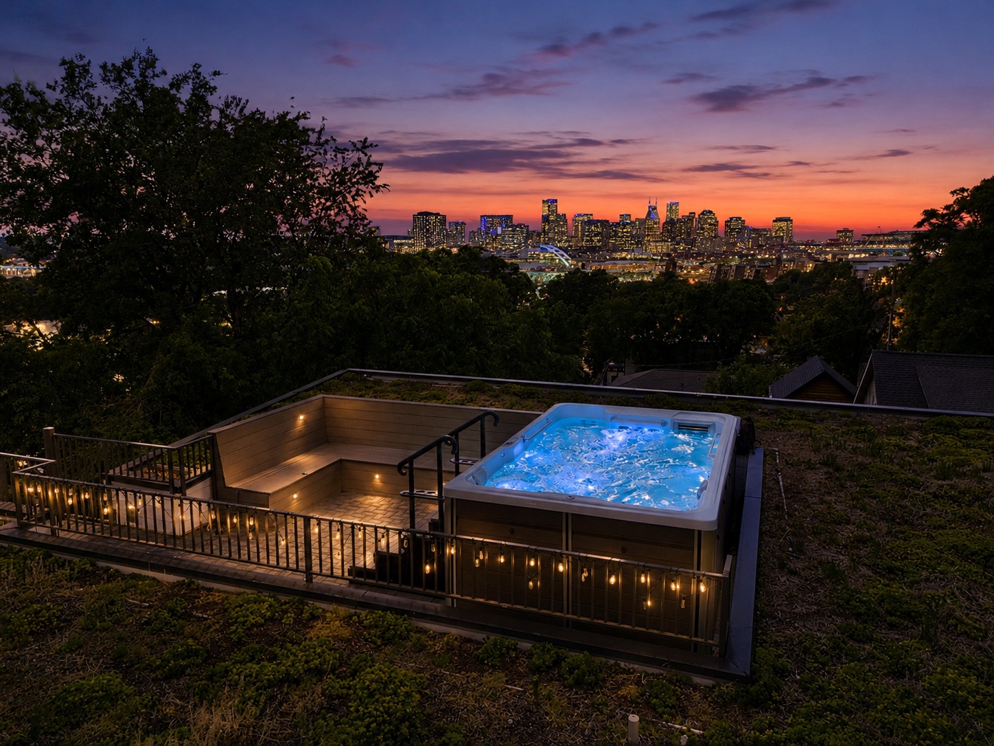 Enjoy amazing sunsets on the living rooftop while relaxing in the swim spa