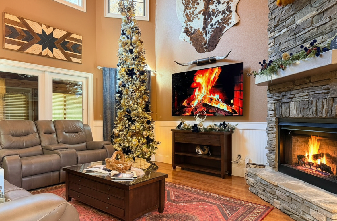 Welcome to the heart of the holidays! Our two-story Great Room features a towering, decorated Christmas tree and the warmth of a stunning, floor-to-ceiling stone fireplace. Gather here for lasting memories.