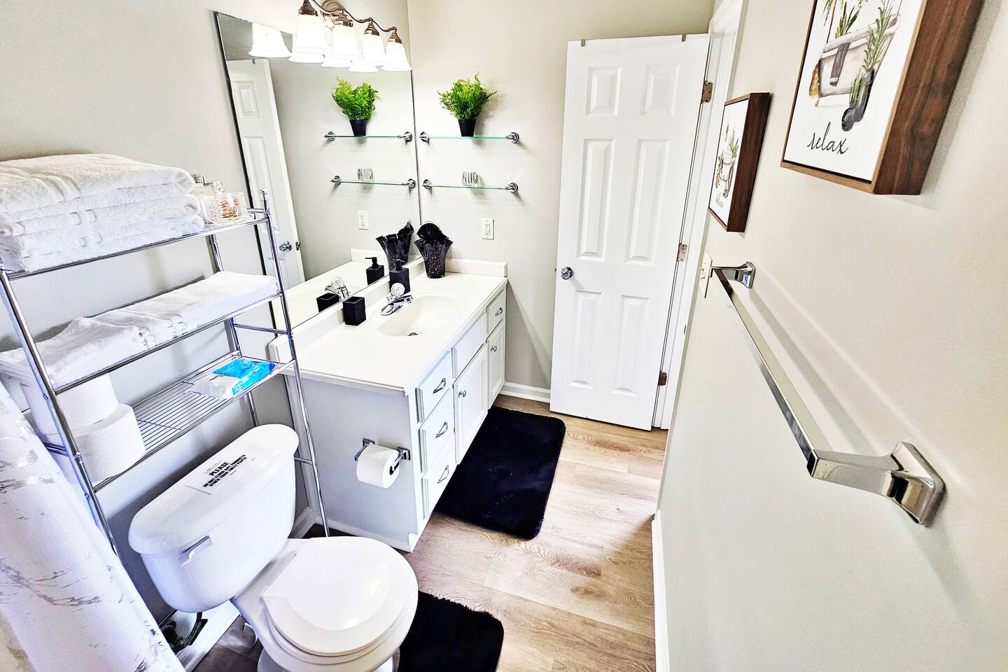 Full-size bathroom attaches to the main room. It contains all your necessities and a little extra. 