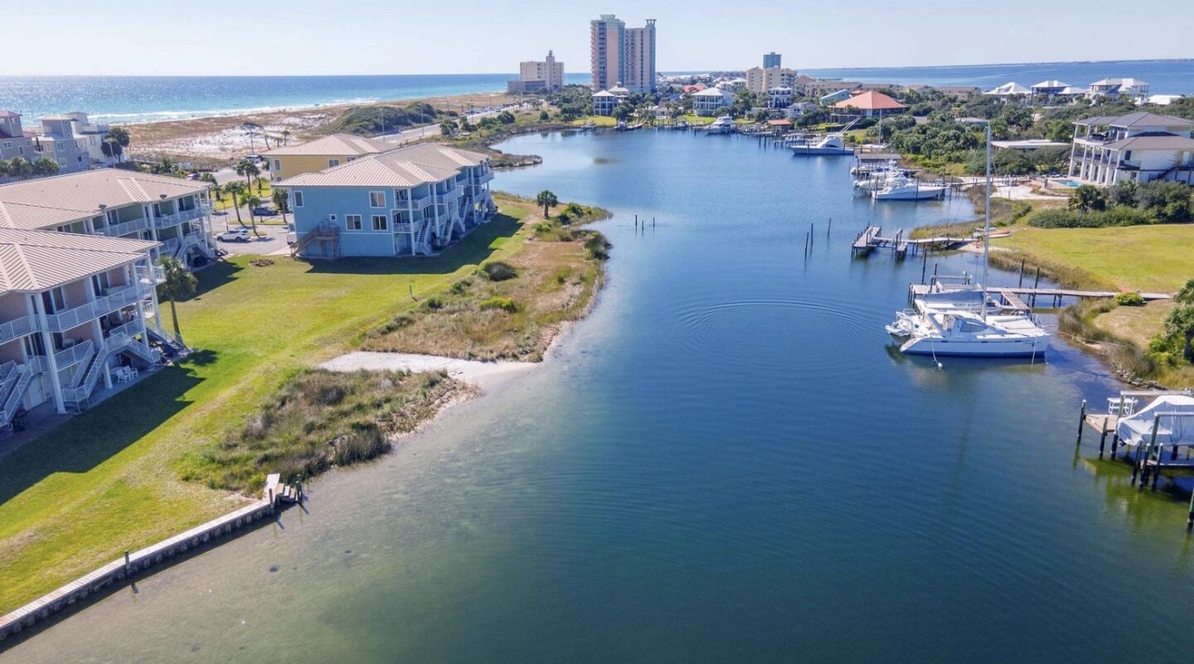 Aerial view of our waterfront neighborhood with waterfront access