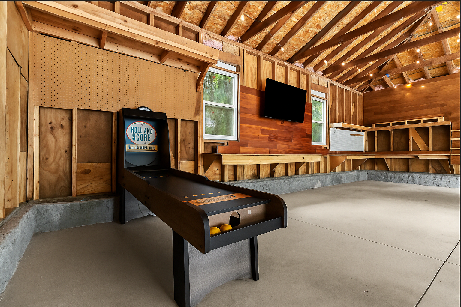 Garage game room with ski ball, TV, and plenty of space to hang out and unwind.