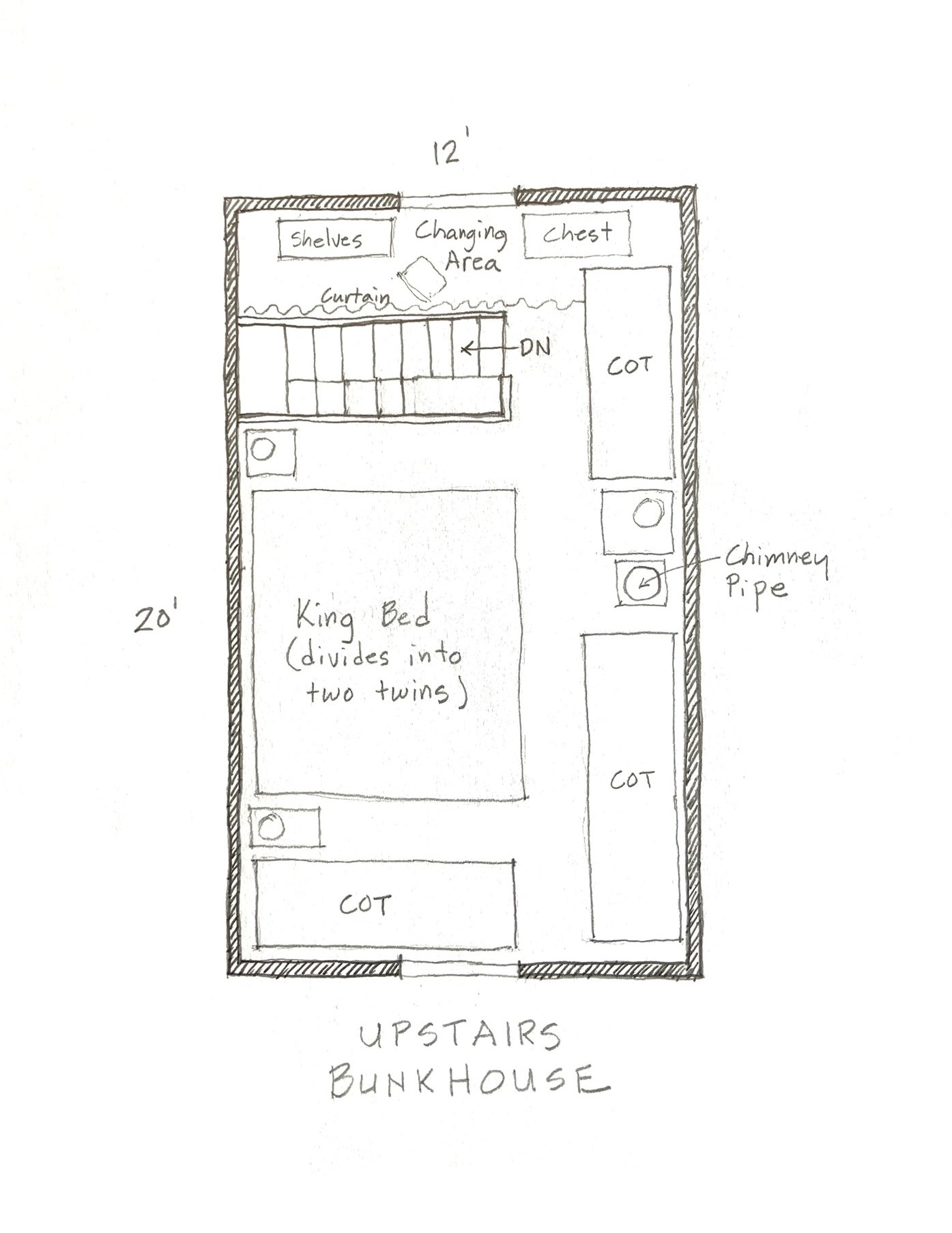 Floor Plan - upstairs.
Note that the king size bed can easily be configured as two twin size beds.