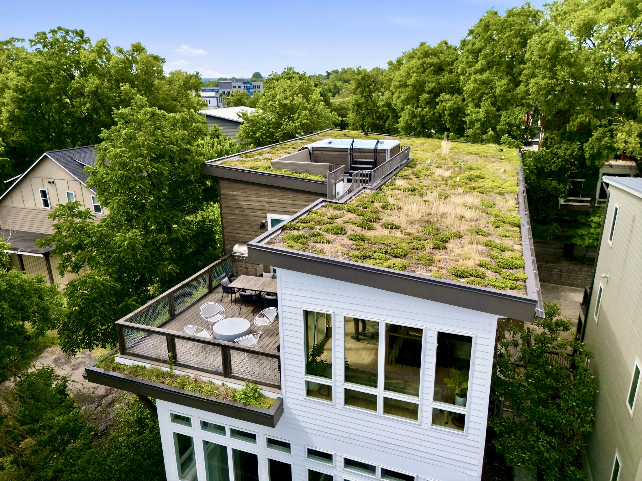 Aerial view of the living green roof & rooftop terrace tucked above the surrounding canopy.
